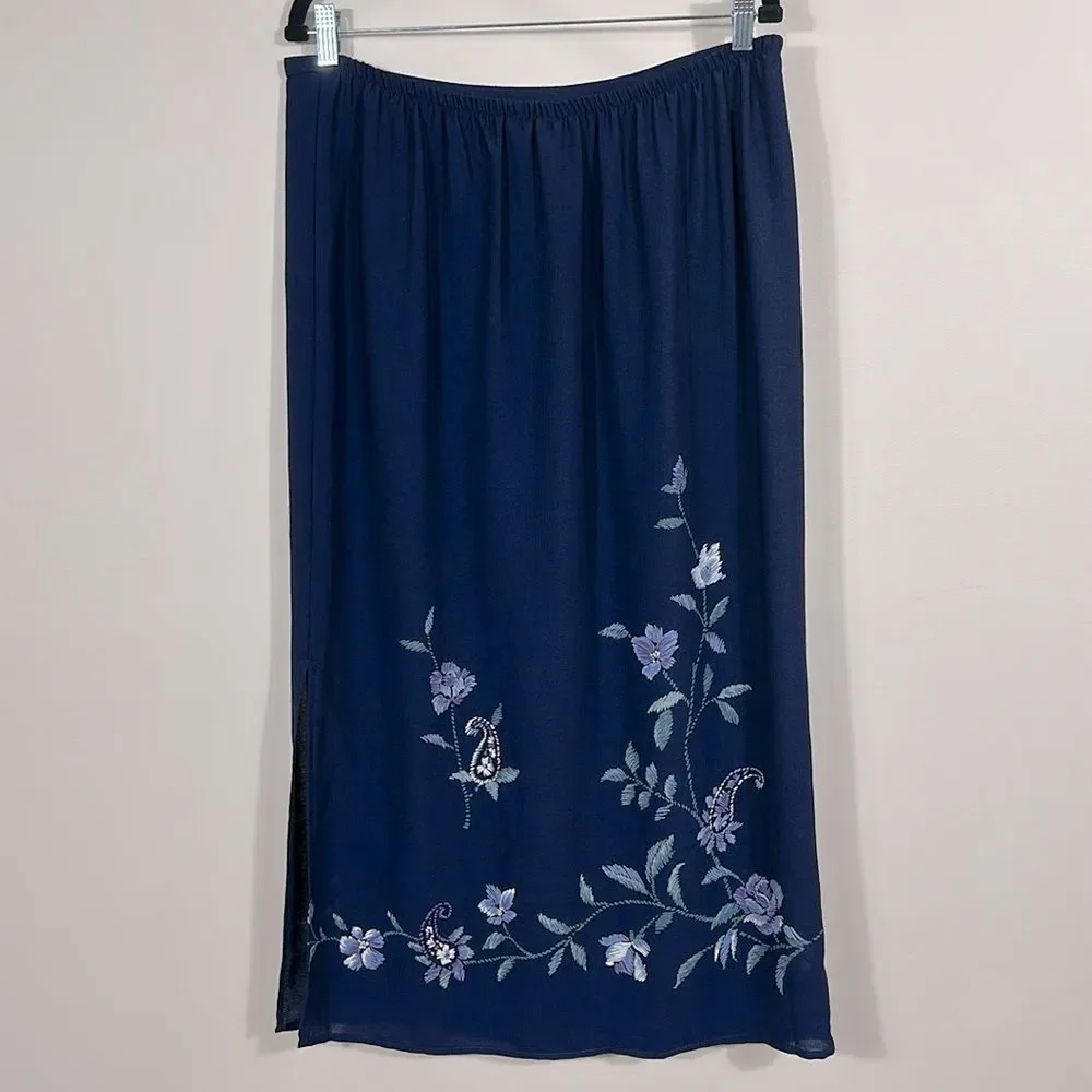 Alfred Dunner Vintage Navy Blue Floral Print Stretch Maxi Skirt Women Size 14